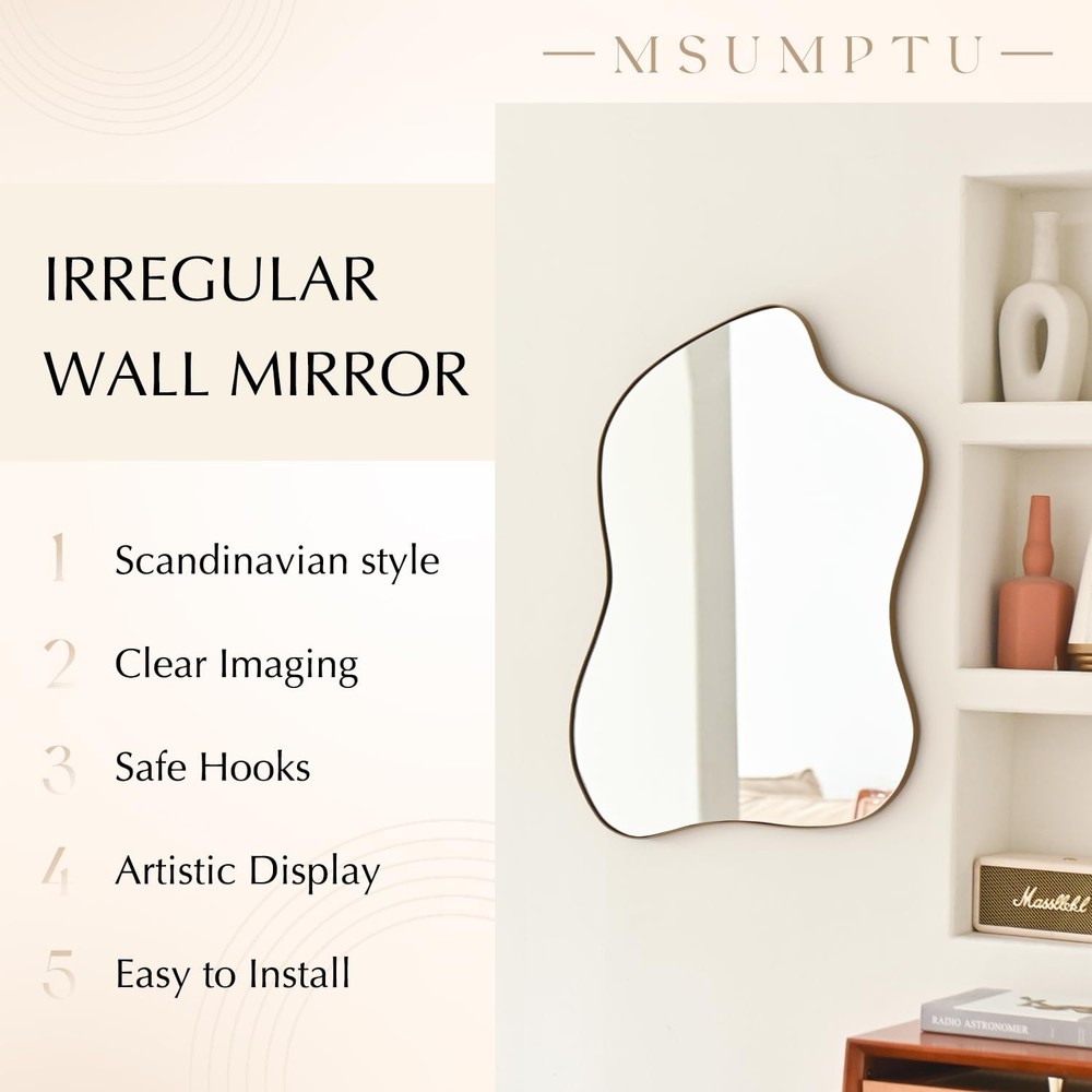 Irregular Wall Mirror Brass Wave Shaped Metal Framed Wall Mirror for Bathroom...