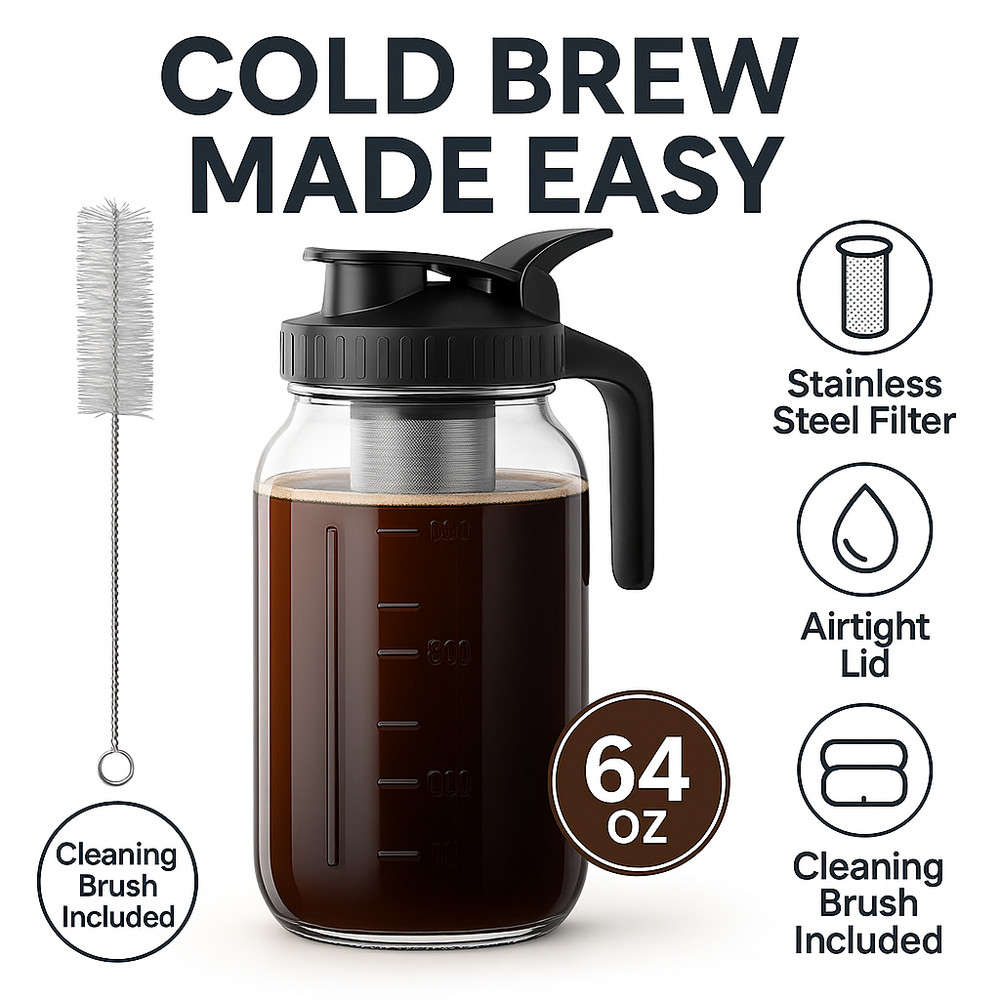 Cold Brew Coffee Maker 64oz Glass Pitcher with Stainless Steel Filter Lid Handle