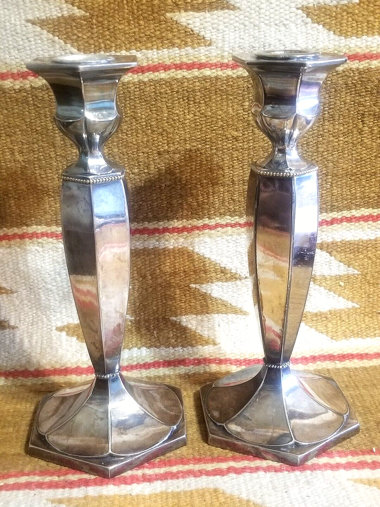 BEAUTIFUL PAIRPOINT SILVER PLATE CANDLESTICKS LILLY PAD BASE BEADED TOP 8.5"