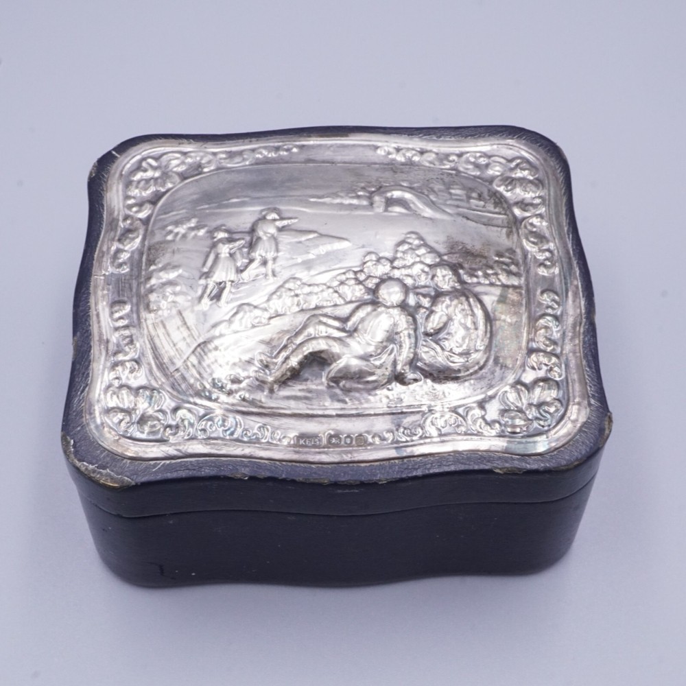 Sterling Silver Repousse Plaque Blue Leather Lined Trinket Box