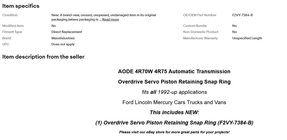 1992-UP AODE 4R70W 4R75 Ford Transmission Overdrive Servo Piston Snap Ring