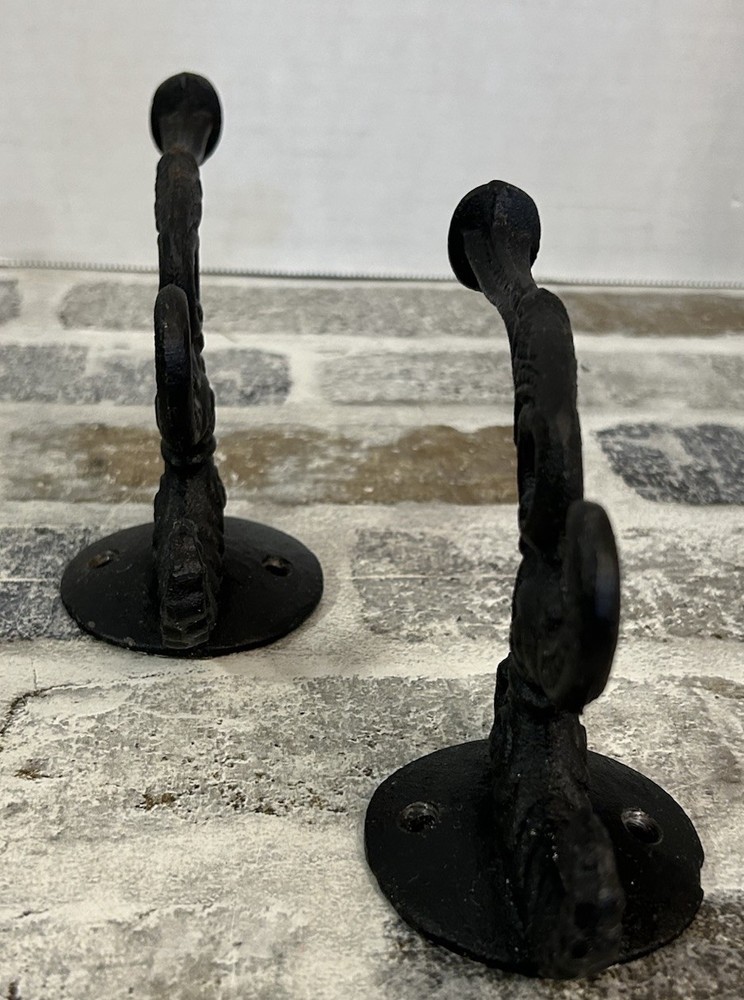 Vintage Pair Cast Iron Victorian-style Triple Wall Hook Black Heavy Scrollwork