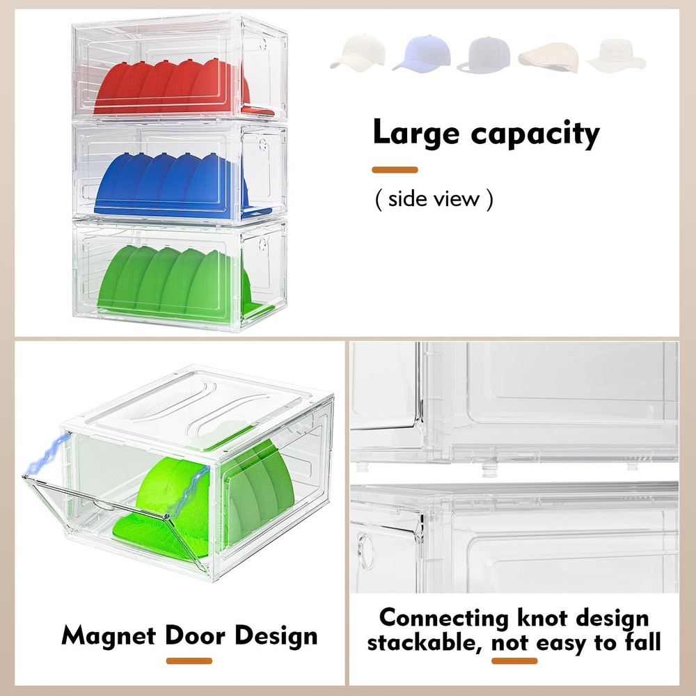 YKLSLH Hat Organizer Box - 6 Pack for 40+ Hats, Harder Plastic, Stackable