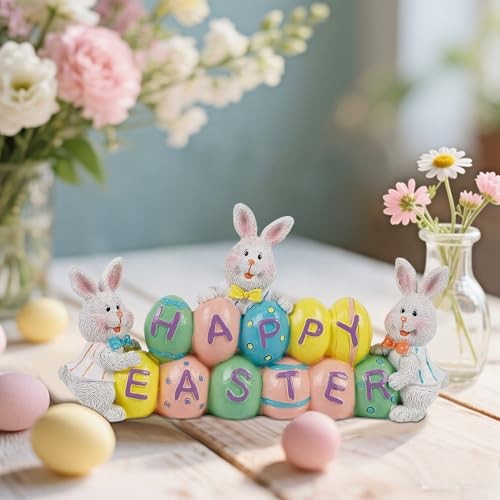 Easter Decorations Eggs Bunny, Hand-Painted Resin Tabletop Easter Eggs Bunny