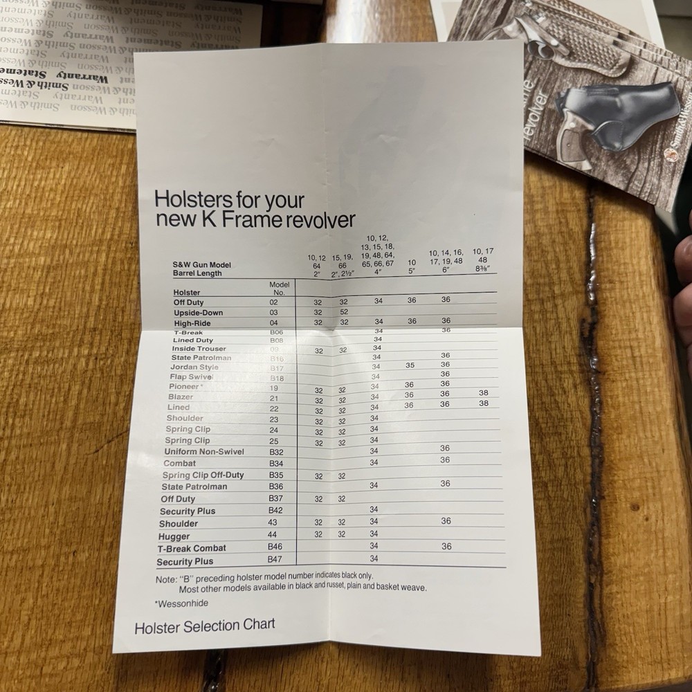 Smith & Wesson k Frame Holster Chart Brochure S&W