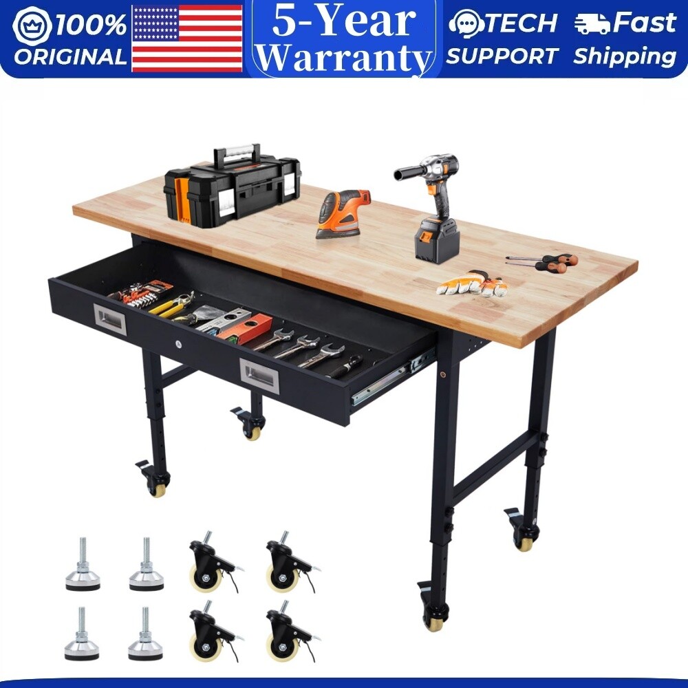 60" Workbench with Drawer Storage Adjustable Height Worktable for Garage Wheels