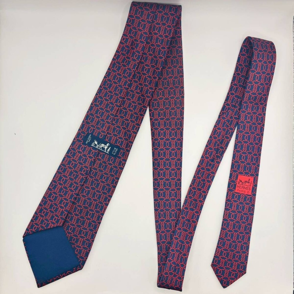 HERMES Tie Navy Red Rope Pattern 7670 TA