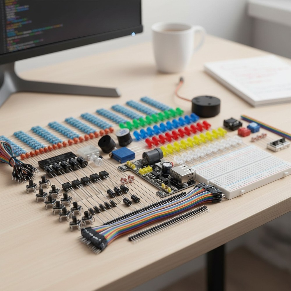 Beginner-Friendly Electronics Kit: Breadboard, Power Supply, Jumper Wires, LED