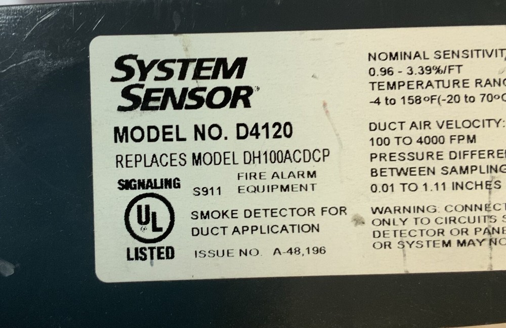 System Sensor D4120 Smoke Detector for Duct Application, Black "D3E"