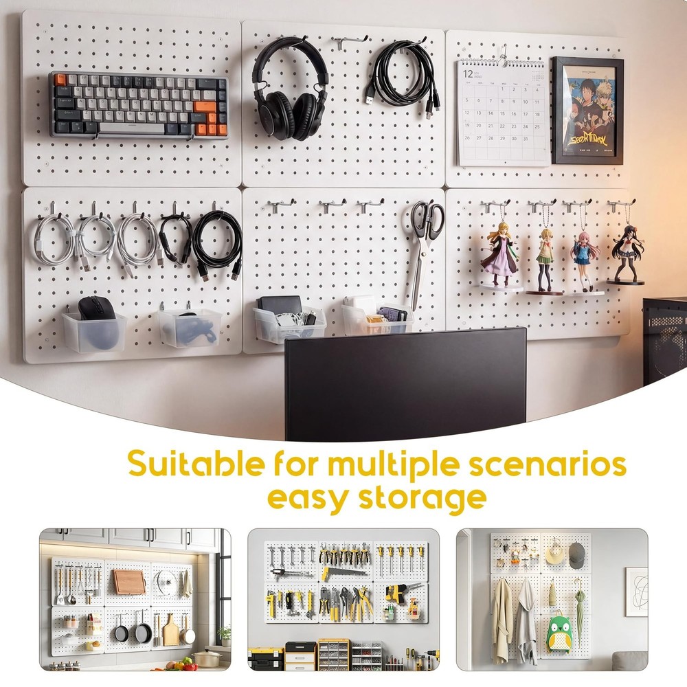 Peg Board for Tools, 6 Pack Metal Pegboard Wall Organizer with Hooks,16"×12