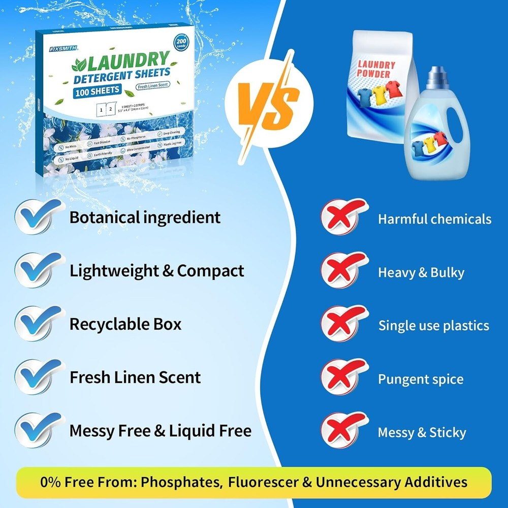 FIXSMITH Laundry Detergent Sheets - 200 Loads (100 Sheets) Fresh Linen Scent - H