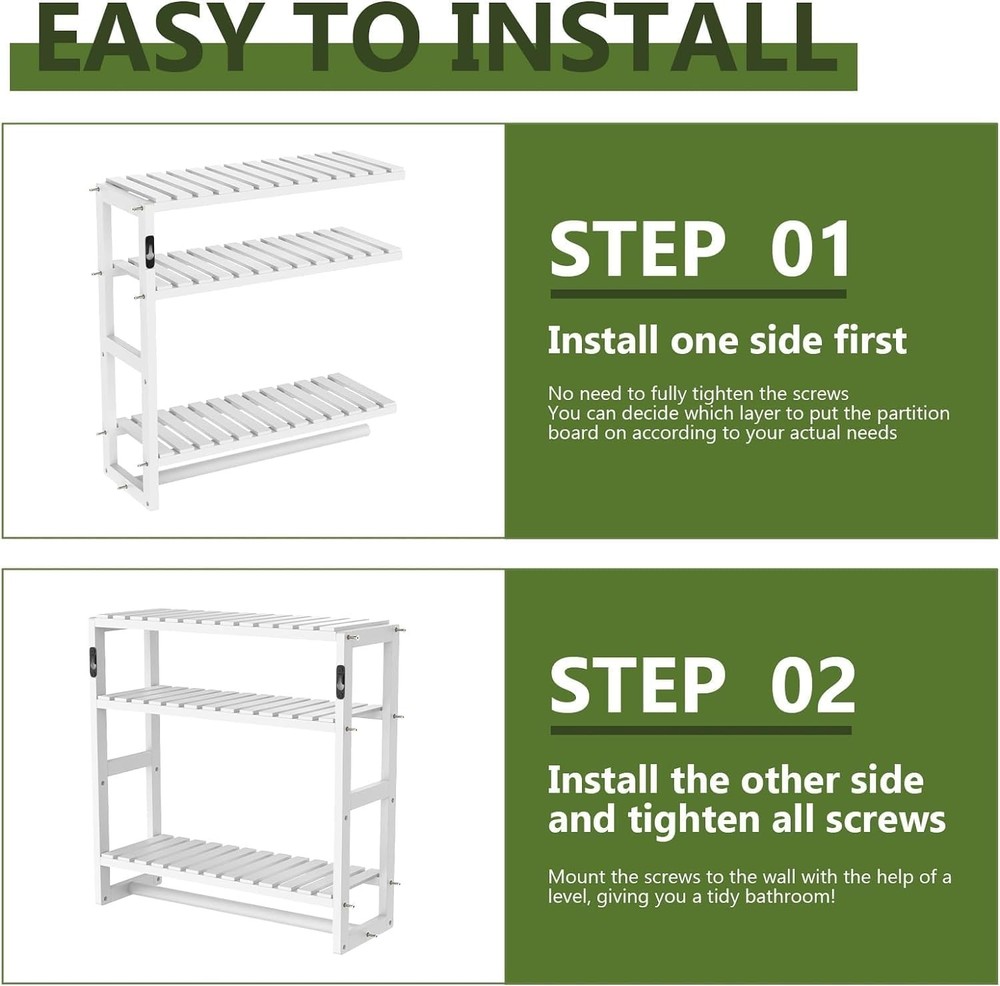 Adjustable Wall-Mounted Bamboo Shelf for Bathroom - 3 Tier Storage Solution