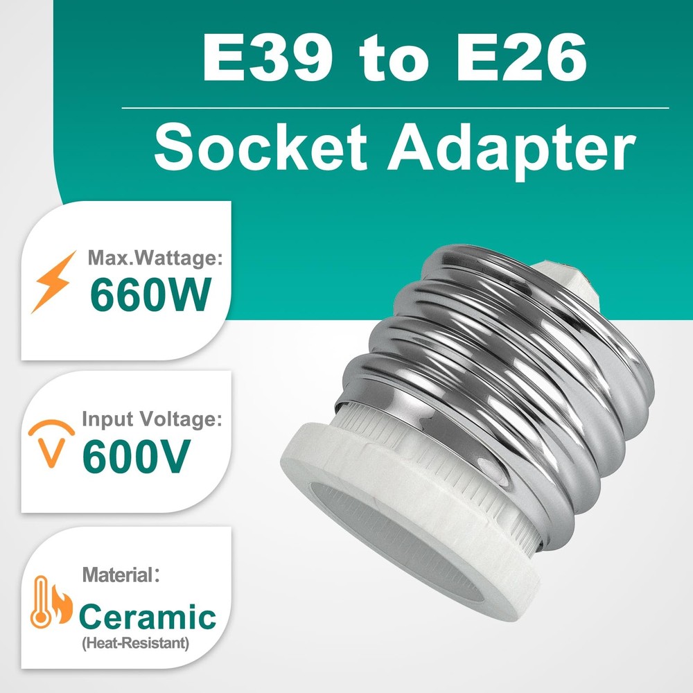 E39 to E26 Socket Converter, Ceramic Mogul E39 to Standard Medium E26 Adapter
