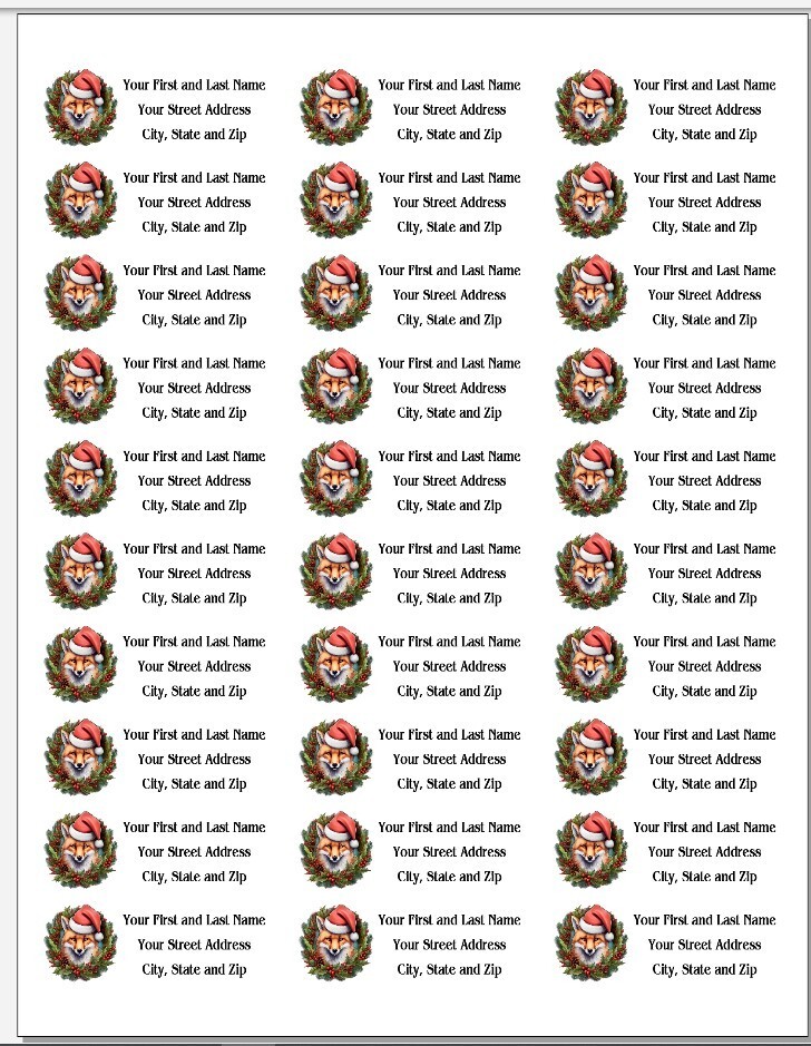 150 Christmas Red Fox in Wreath Mailing Return Address Labels Personalized