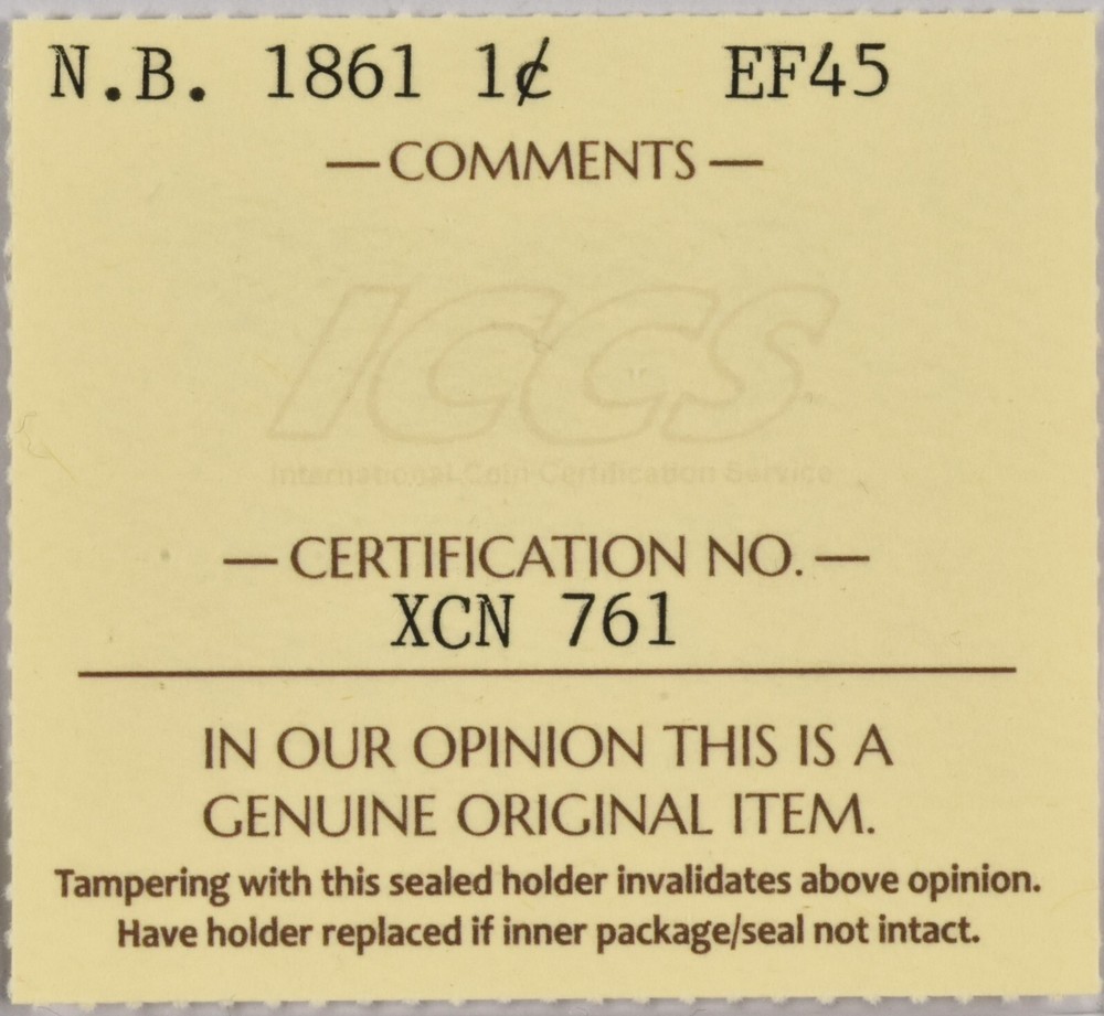 New Brunswick 1861 one cent ICCS EF45