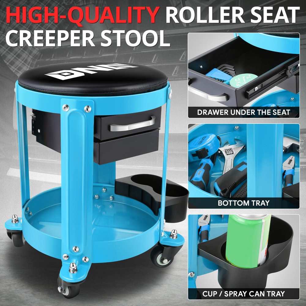 300LBS Round Roller Foam-Padded Tool Seat Creeper Workshop Stool Garage Blue