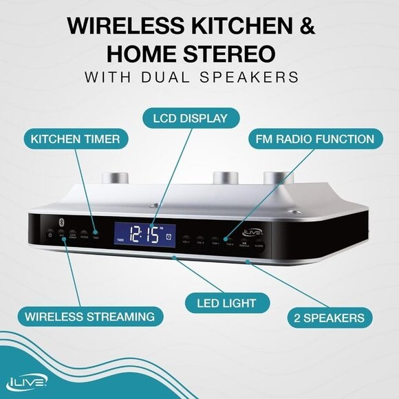 iLive Wireless LED Kitchen Light Wireless Stereo Speaker Digital Alarm Clock