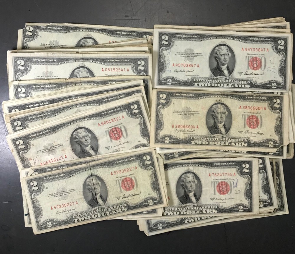 (LOT OF 5) Two Dollar Bill RED Seal Notes Randomly Hand Picked Problem Notes