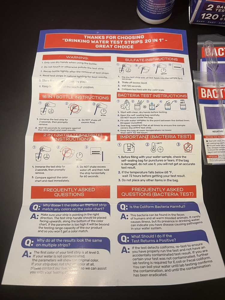 Drinking Water Test Strips- 16 In 1 100 Strips- Open Box 20 Parameters