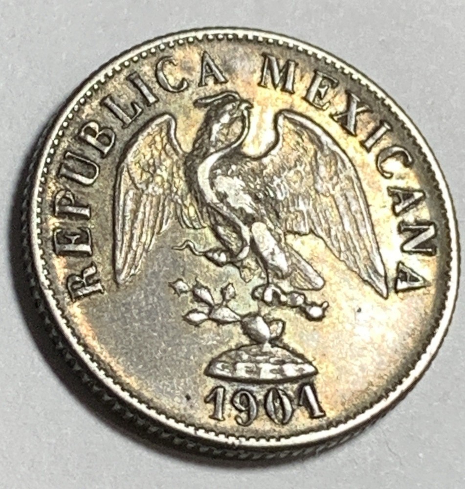 1901-Cn Q Mexico 20 Centavos Second Republic Silver Clean Fields Luster