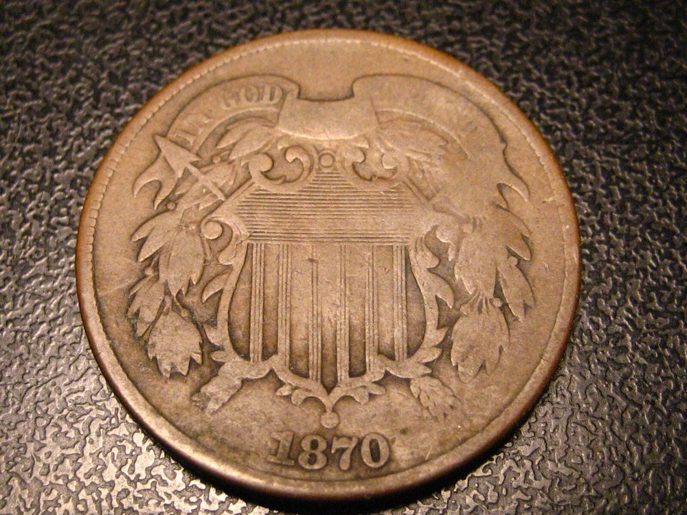 1870 Two Cent Piece NEAR COMPLETE SHIELD LINES HORIZONTAL & VERTICAL