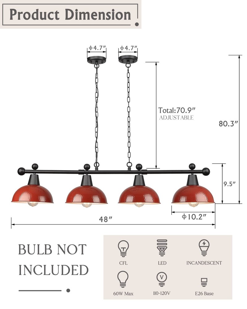 48" Billiard Light, Red Pool Table Light for 7ft/8ft Table, 4-Light Kitchen I...