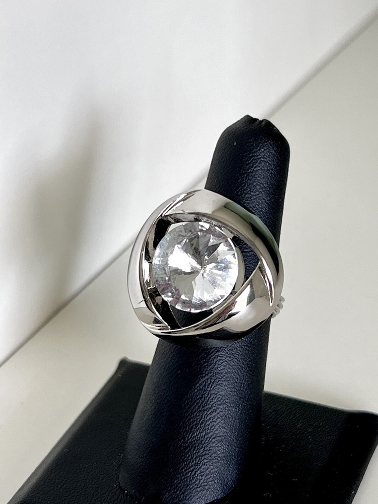 Silver and Crystal Wire Wrapped Button Ring Statement Piece Size 7