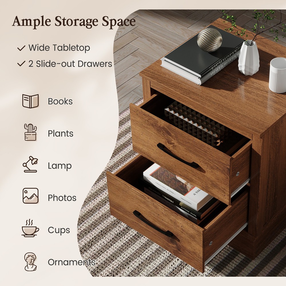 2 PCS 2 Drawer Compact Sofa End Table Nightstand Bedside Table Rustic Walnut