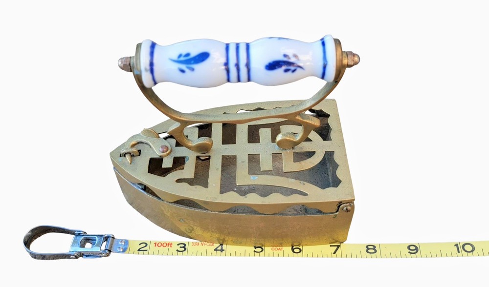 Vintage Brass Coal Iron w/Ceramic Blue & White Handle Opens Victorian Decorative