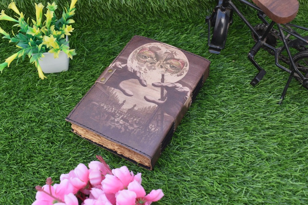 Wicca Moon Magic Witchcraft printed leather journal Deckle edge notebook 7x5"
