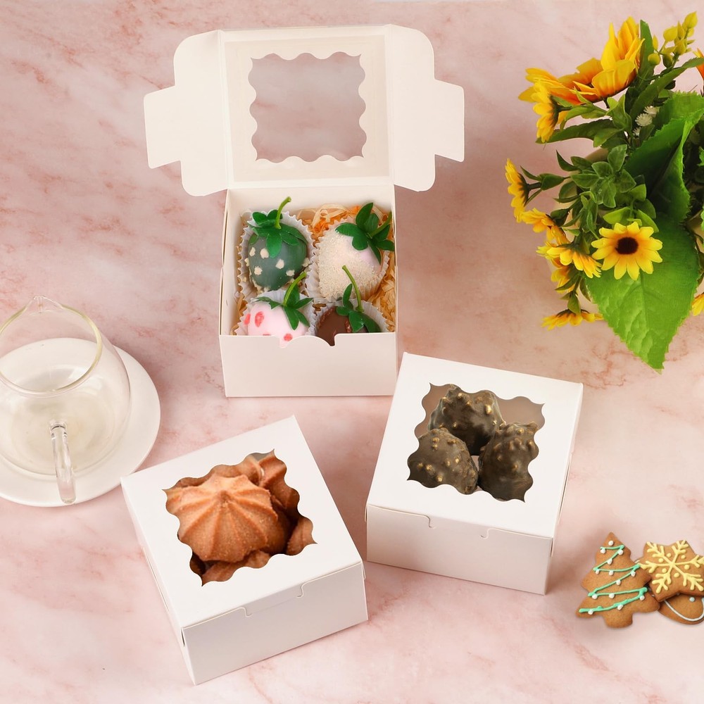 24pcs White Cookie Boxes, 4x4x2.5 Inches Bakery Boxes with Window, for Mini C...