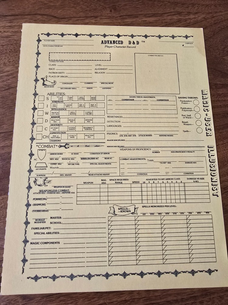 AD&D REF2 Player Character Record Sheet Singles Magic-User/Illusionist TSR