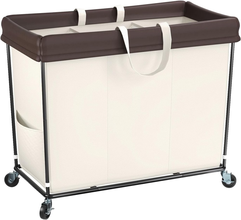 320L Laundry Hamper W/ Wheels 3 Section Large Rolling Laundry Basket Bag