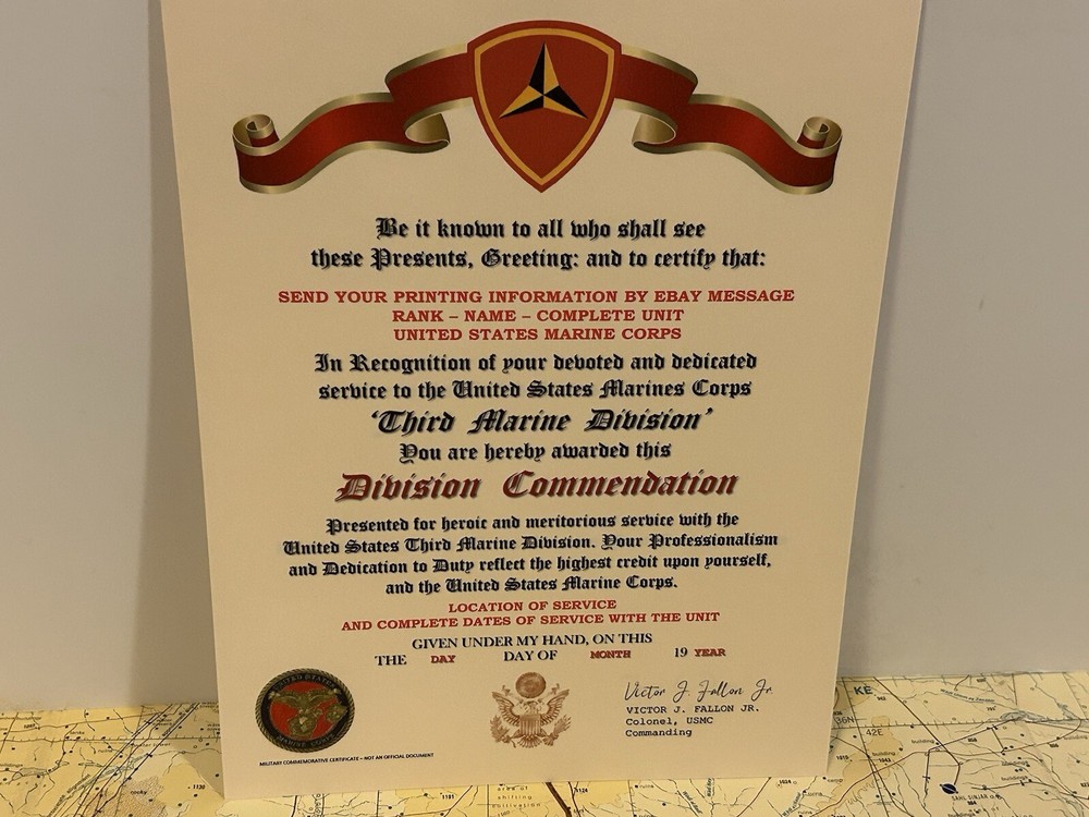 U.S.M.C. / THIRD MARINE DIVISION ~ DIVISION COMMENDATION REPLACEMENT CERTIFICATE