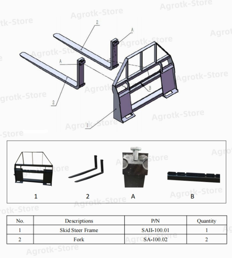 Agrotk 48in Pallet Fork Frame Attachment for Skid Steer Loader Accessories
