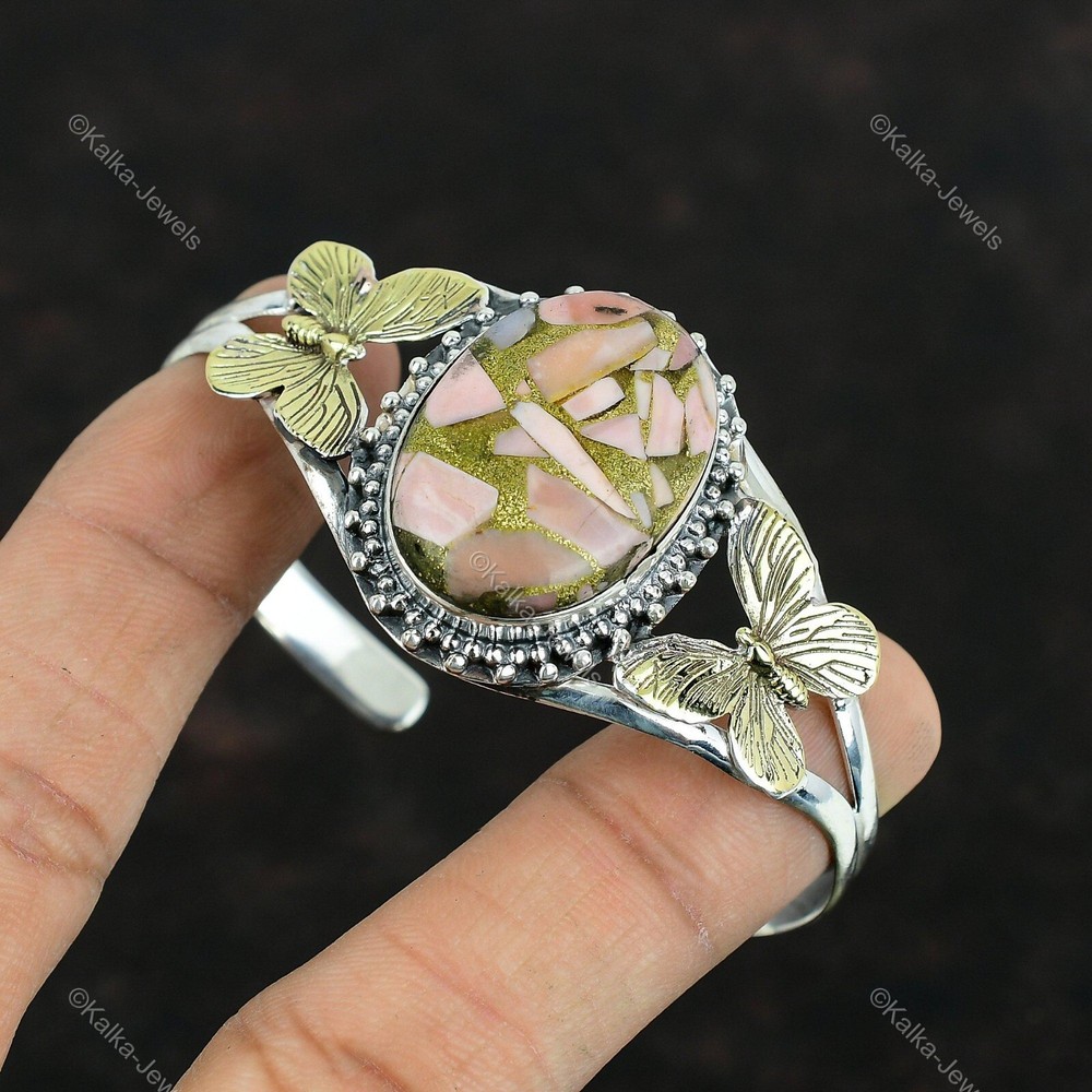 Natural Copper Pink Opal Gemstone Bangle Butterfly Adjustable 925 Silver