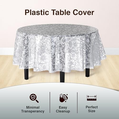 Lace Table Cloth Table Plastic 6-Pack Lace Tablecloth 84" | Clear Round White