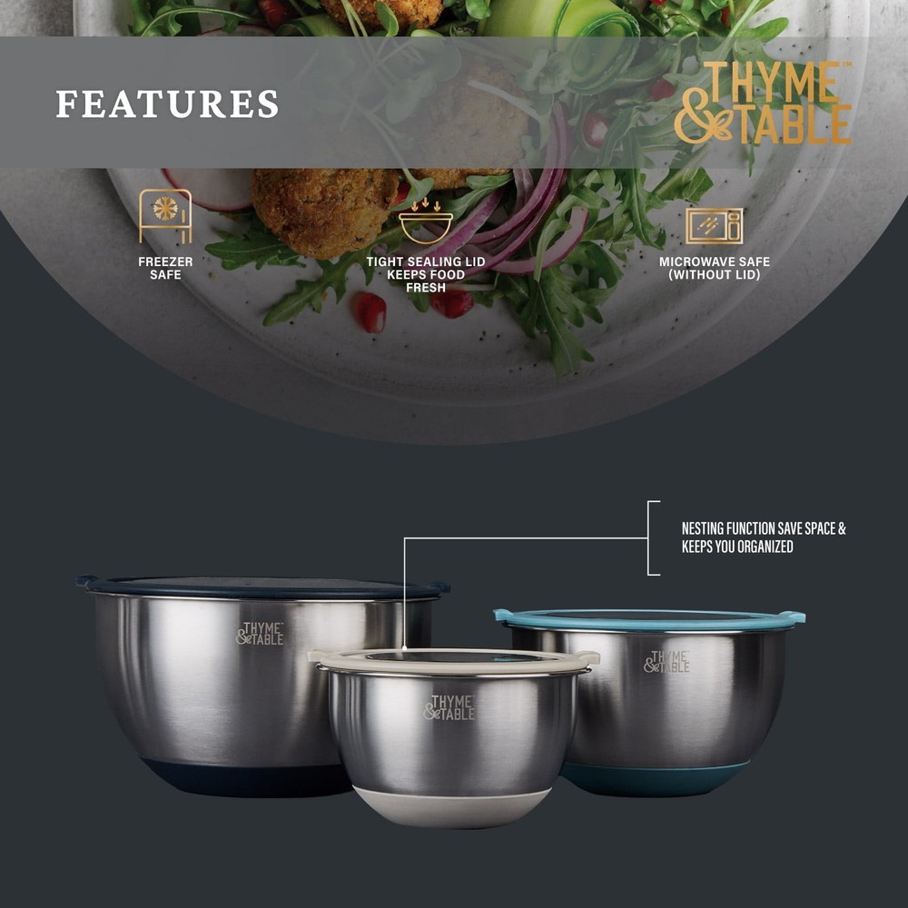 Thyme & Table Mixing Bowl Set - 6pc Nesting, Blue, Lids