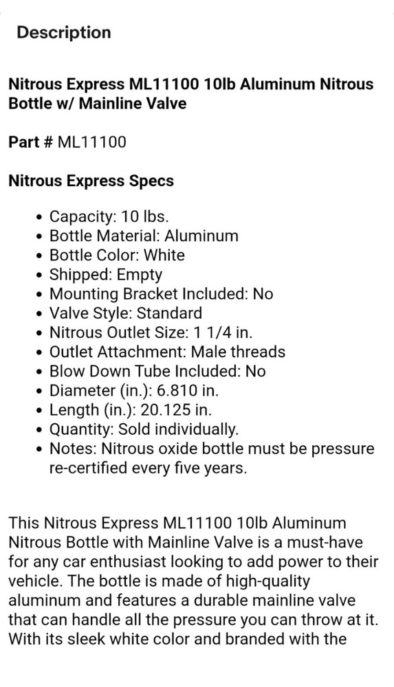 Nitrous Express 10 LB Nitrous Bottle White ML11100