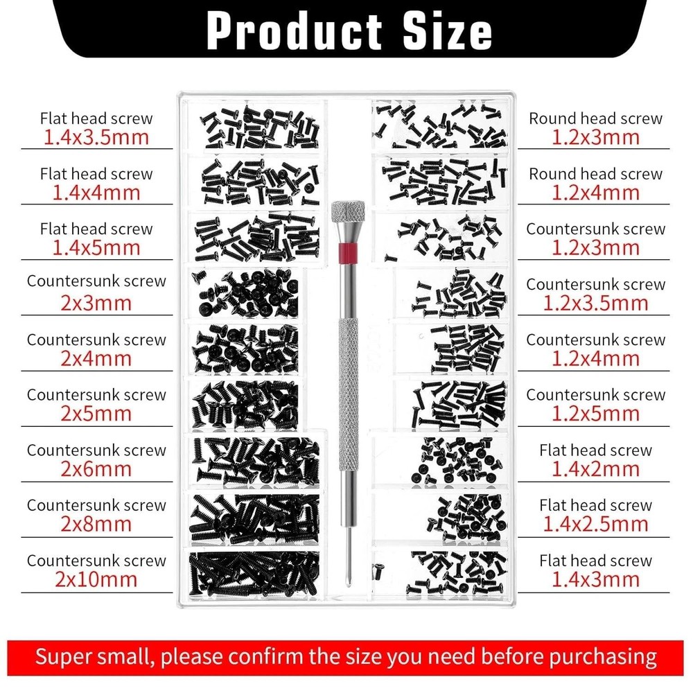 Small Screws Assortment Kit M1.2 / M1.4 / M2.0 Tiny Micro Screws Set Black 500pc
