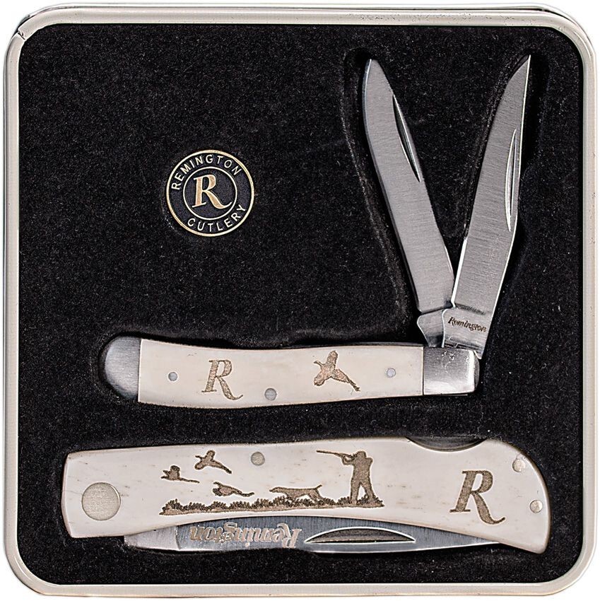 Remington Flushing Pheasant Peanut Lockback Knife Gift Set Tin White Smooth Bone