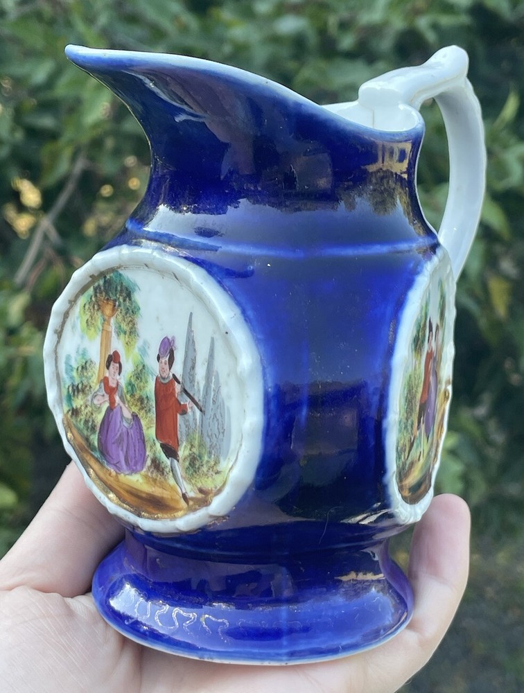 Antique Victorian Porcelain Cobalt Three Panel Creamer Late 19th - Early 20th C.