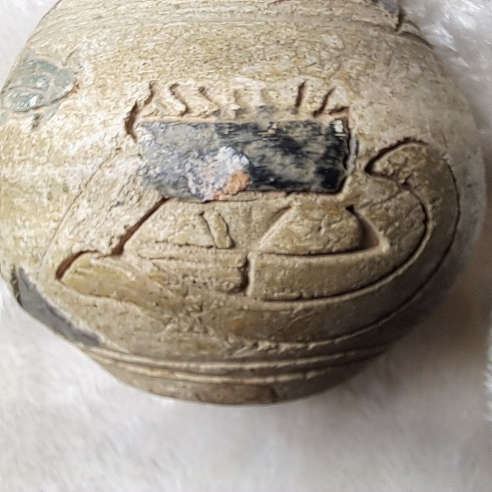 Primitive Style Clay Vase has Fish Boat Diamond Pattern Painted Scraffito Small
