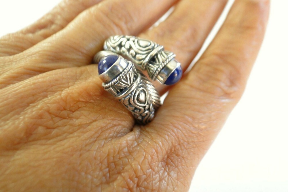 Blue Lapis Lazuli Statement 2-Stone Sterling Silver Wrap Ring Sz 7 8