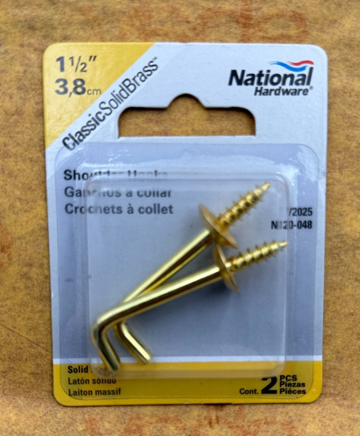 N120-048 Shoulder Hooks 1-1/2", Solid Brass, Visual Pack