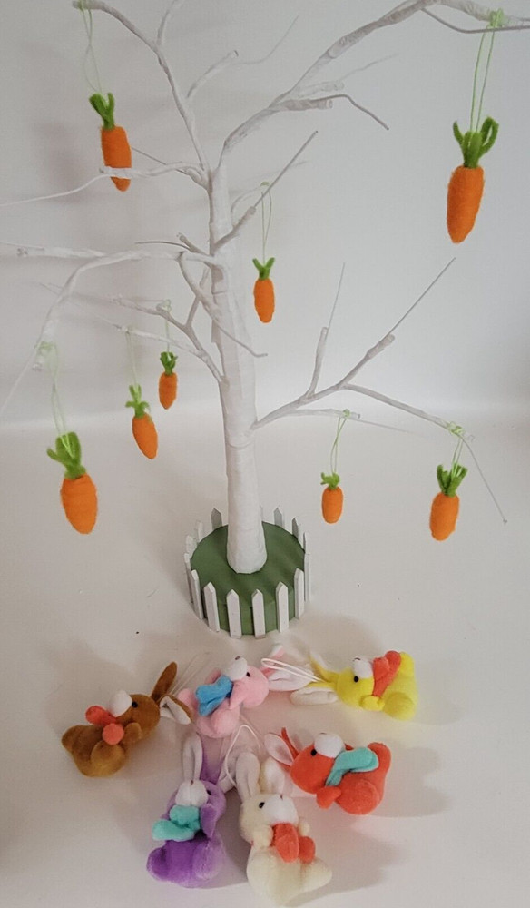 Lighted 22 Inch Easter Spring Tree 14 Hanging Plush Ornaments Rabbits Carrots