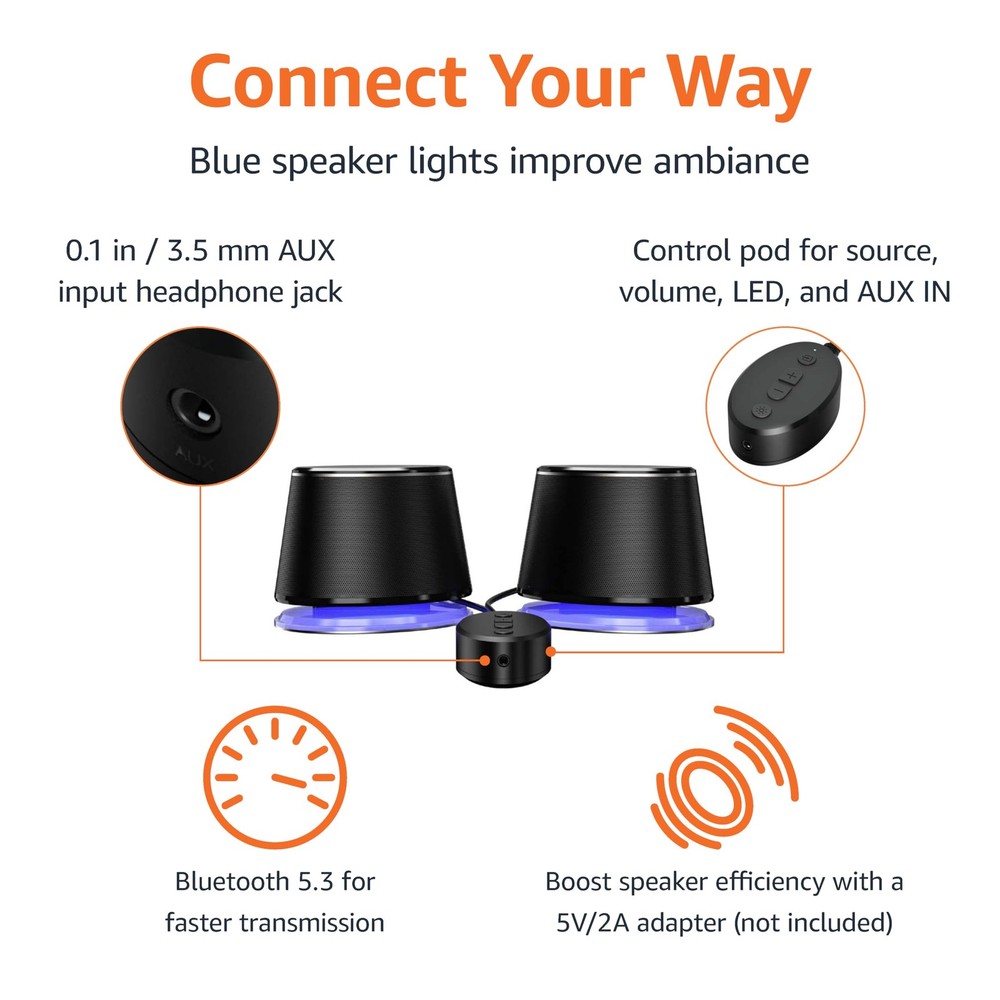 Amazon Basics Bluetooth Computer Speakers with USB 3.0, LED Blue Large, Black