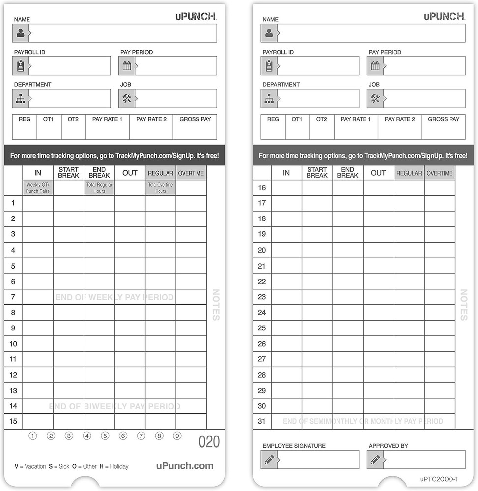 Efficient 50 Upunch Time Cards - Grey Design with 4 Columns for Tracking Hours