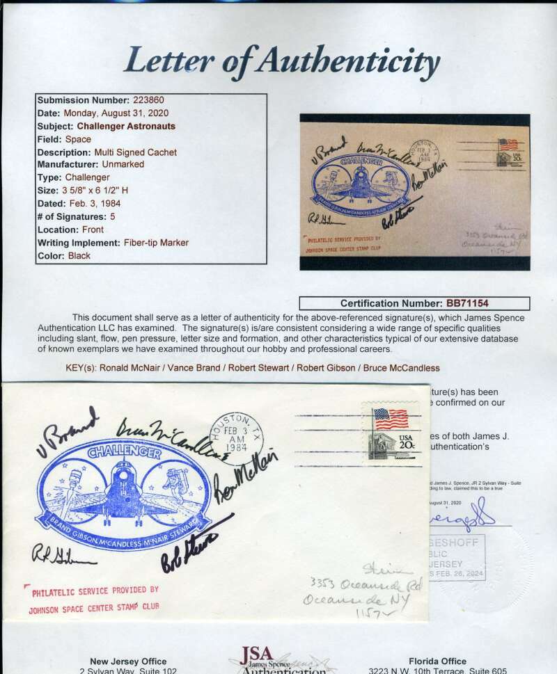 Ronald McNair JSA Coa Hand Signed By 5 Challenger FDC Cache Autograph