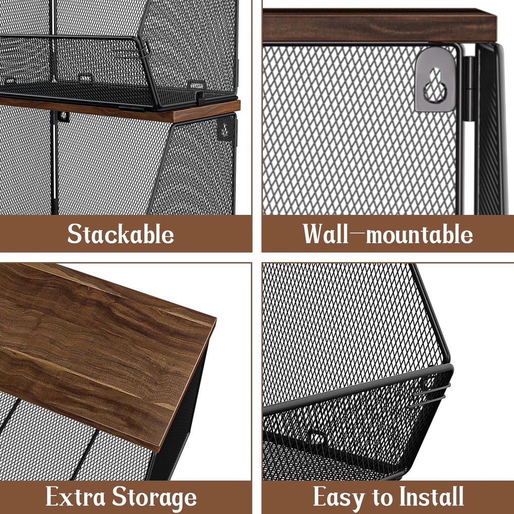 Stackable Fruit Basket for Kitchen Countertop Space Saving, Wall Mounted Mesh...